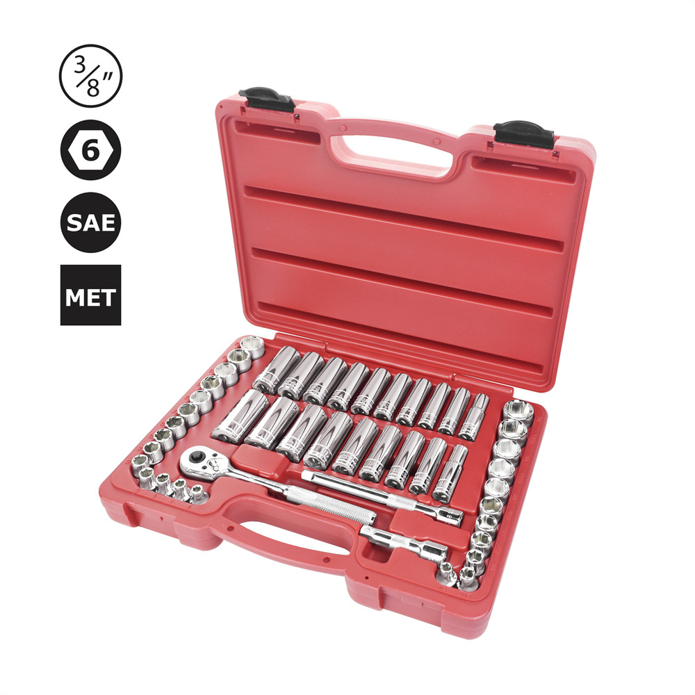 22047K Tool International Socket Set 3/8 in. Dr SAE and 6 pt Metric 47 Piece