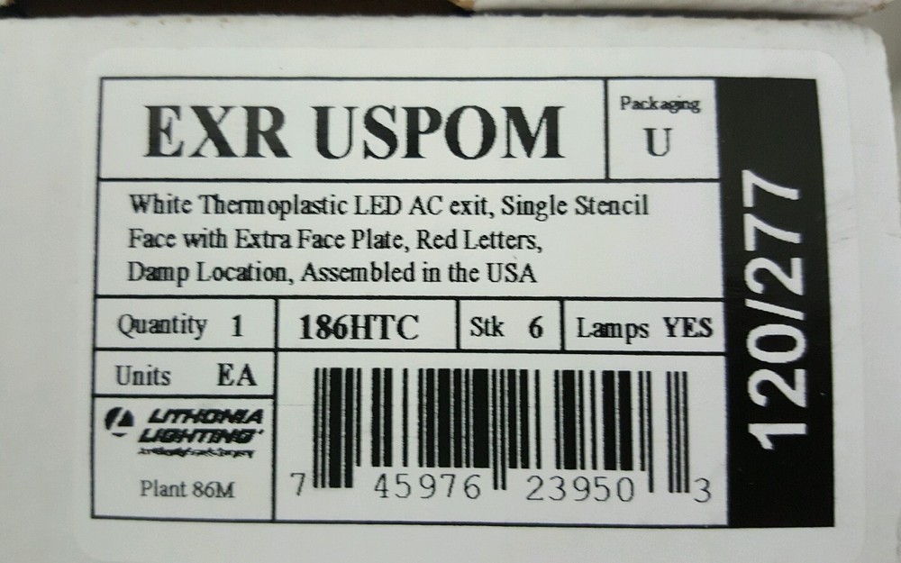 Lithonia EXR USPOM WHITE Thermoplastic LED Exit Sign Red LETTERS 186HTC