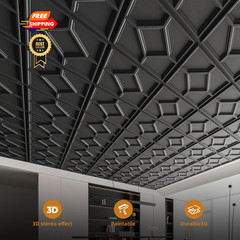 WOWSTAR 12-Pack 24″x24″ Drop Ceiling Tiles, 3D Decorative Glue 24″x24″, Black
