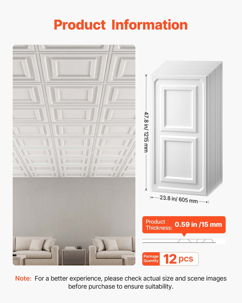 24×48″ PVC Ceiling Tiles 12 Pack White 3D Drop Grid Panels Paintable Decor