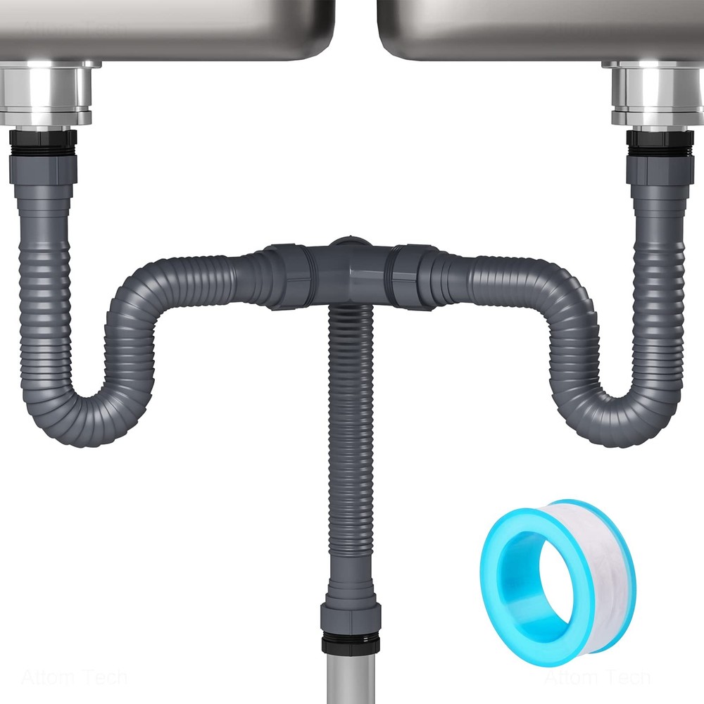 NiHome Flexible P-Trap Drain Kit for Double Kitchen 1 1/2″ or 1 1/4″, Gray