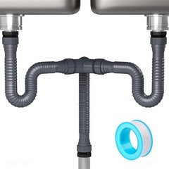 NiHome Flexible P-Trap Drain Kit for Double Kitchen 1 1/2″ or 1 1/4″, Gray
