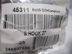 #27 1″L-Inside .080″-Wire 12lb-WLL Zinc Plated S-Hook QTY 50