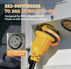 50A to Dual 30A Marine Shore Power Adapter, NEMA SS2-50P Male to 2X L5-30R Fe…