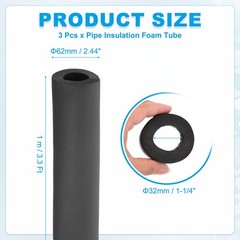 3Pcs 1-1/4″ (32mm) ID x 3.3Ft x 0.59″ Pipe Insulation Foam Tube Black
