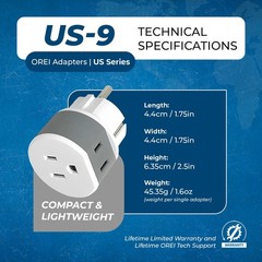 OREI Germany, France, Schuko Power Plug Adapter with 2 USA Inputs – Blue