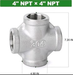 Stainless Steel 4 Way Pipe Fitting 4″ x 4″ x 4″ x 4″ NPT Female Fitting