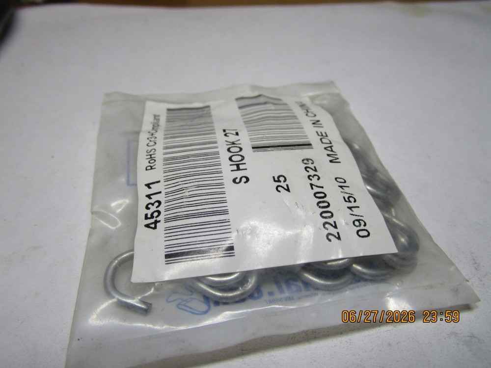 #27 1″L-Inside .080″-Wire 12lb-WLL Zinc Plated S-Hook QTY 25