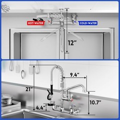 NEW! 21″ High Commercial Pre-Rinse Sink Faucet, Wall Mount, 8″ Adjustable Center
